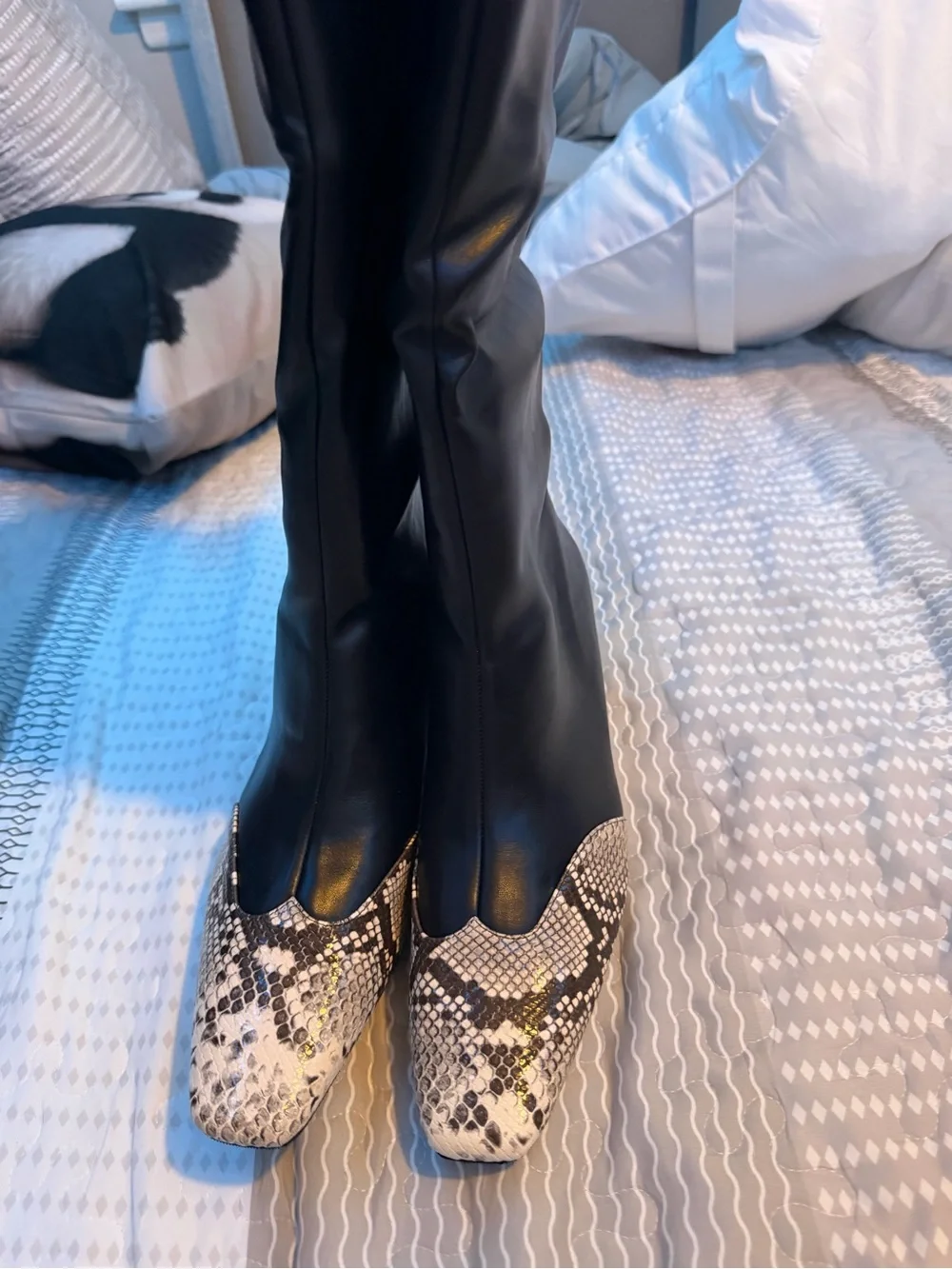 Black Knee-High Boots with Snake-Print Toe